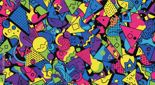 Vibrant colorful geometric shapes pattern with triangles circles and abstract designs in purple blue yellow green and pink hues on black background
