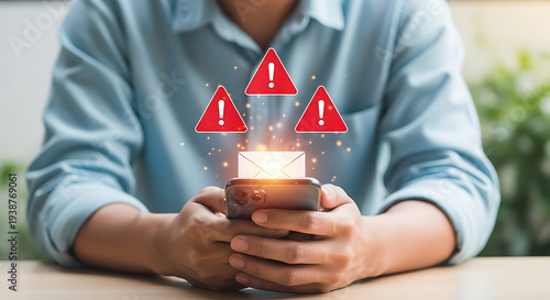 Alerts and notifications on a smartphone screen with email icons and warning symbols