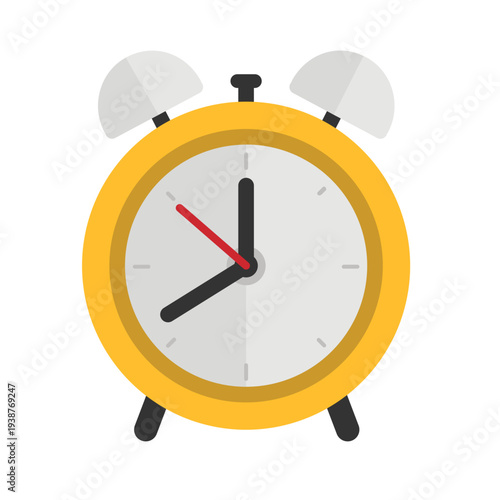 A yellow alarm clock with white face and black hands is viewed from the front, displaying time with a red second hand
