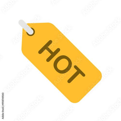 A yellow price tag with the word HOT on it, viewed from above, symbolizing a sale or discount