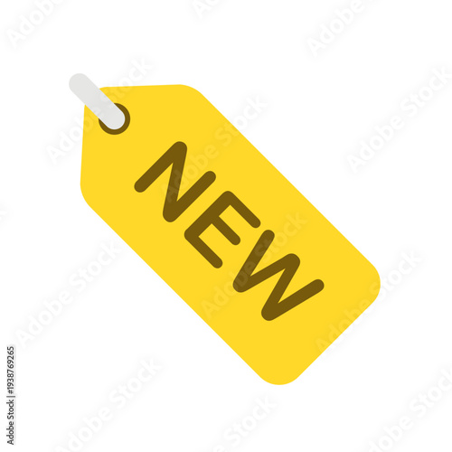 A yellow tag with the word NEW attached to a white string, symbolizing novelty and freshness in a simple graphic representation
