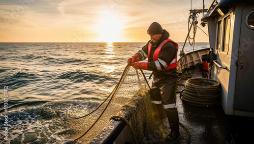 Seafaring Harvest: A dedicated fisherman skillfully maneuvers the net on a fishing boat against the backdrop of a radiant sunset, embodying the spirit of labor and the rhythm of the sea.