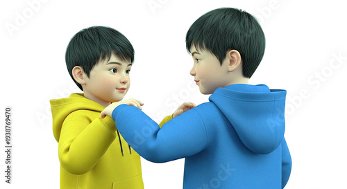 Two young boys in hoodies interacting