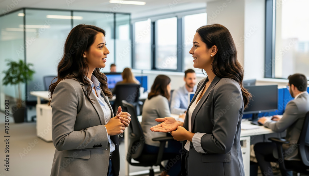Fototapeta premium Business Collaboration in Modern Workplace: Two professional women engage in an animated discussion within a contemporary office setting, other employees working in the background.
