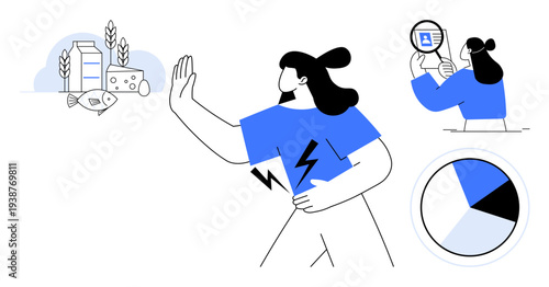 Food allergy concept. Food allergy and intolerance illustrated through dietary choices, health concerns, and label scrutiny. Food allergy awareness for health, nutrition, diet planning, education