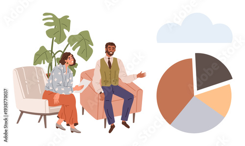 Business strategy, data analysis, collaboration, workplace diversity, teamwork, and planning. Two colleagues discussing a pie chart with plants and furniture in the background. Business strategy