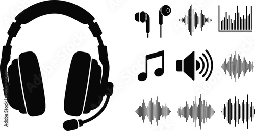 Professional black headset silhouette set with music notes audio equalizer waves and earbud icons for podcasting production sound engineering and digital media design projects.