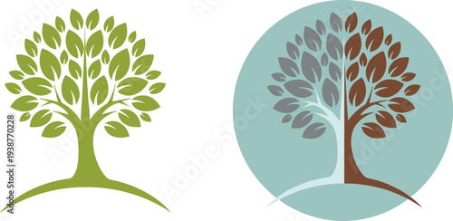 Minimalist tree logo icon set featuring green leaf tree and split colored nature symbol isolated on white background for environment, growth, and branding.