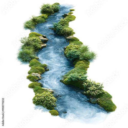 Flowing river of bluegrass mimicking water movement through a serene garden setting, providing a calming visual flow, isolated on white background