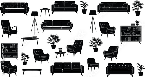 Modern Furniture Silhouette Vector Set Featuring Contemporary Sofas Armchairs Coffee Tables Bookshelves Potted Plants and Floor Lamps for Interior Design Living Room Layouts and Architecture