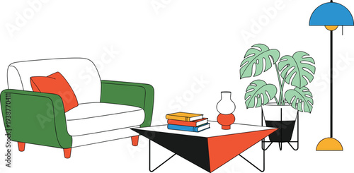 Modern living room interior vector illustration set featuring retro armchair geometric coffee table books Monstera plant floor lamp and home decor isolated on white background.