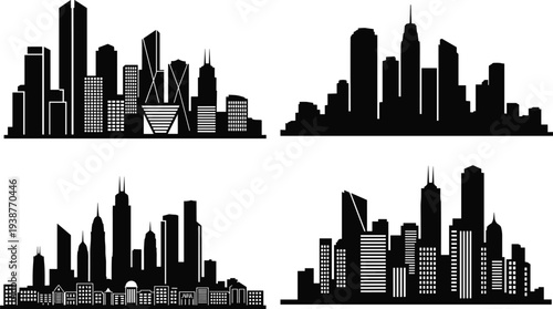 Modern urban city skyline silhouette set featuring various skyscraper architectural designs for metropolitan business branding real estate marketing and downtown landscape vector graphic projects.