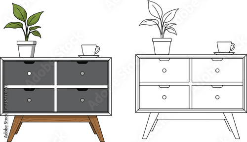 Modern mid-century wooden sideboard dresser illustration with indoor potted plant and coffee cup on top, minimalist furniture vector for home interior design concept.