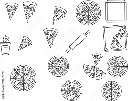 Pizza icon set featuring line art illustrations of pepperoni slices, whole pies, takeout boxes, a rolling pin, and beverages for Italian restaurant branding.