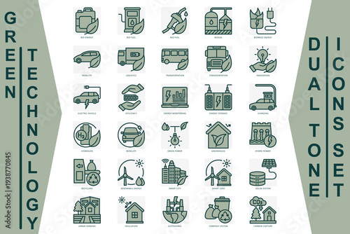 Green Technology dual tone icons set. contain air purifier, battery storage, carbon footprint, recycling, mobility and more. Vector for modern concept, print, UI, UX kit, web and app development.
