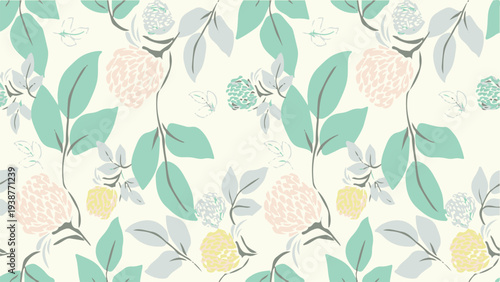 Floral pattern with leaves and flowers in pastel colors