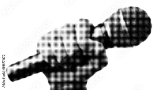 Grip on sound: A strong hand grasps a microphone, a symbol of communication, power, and the voice of expression. 