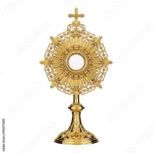 Ornate golden monstrance with intricate filigree and a central white host isolated on a transparent background