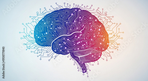 Brain with circuit board pattern and colorful gradient symbolizing artificial intelligence and technology