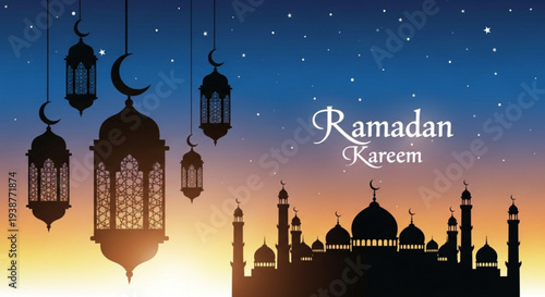 Ramadan kareem greeting with mosque silhouette and lanterns at sunset