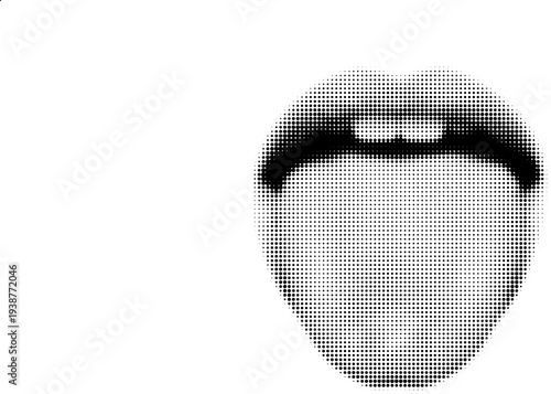 Artistic Expression: Abstract illustration of an open mouth and protruding tongue. This artistic design showcases the expressive potential of a mouth in a stylized, black and white format.