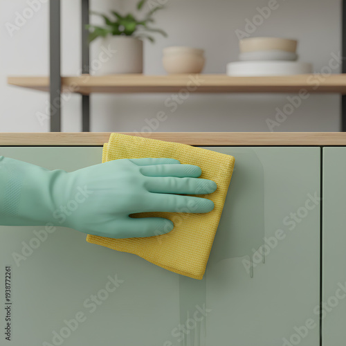 Wallpaper Mural Close-Up of Gloved Hand in Light Green Protective Rubber Glove Cleaning Contemporary Green Kitchen Cabinet Using Vibrant Yellow Microfiber Cleaning Cloth for Home Hygiene and Maintenance Torontodigital.ca
