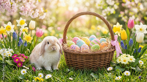 Photography Adorable fluffy white bunny rabbit sitting beside a rustic woven basket overflow