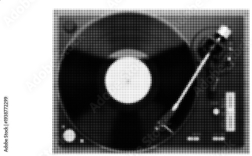 Vinyl Turntable in Retro Style: An overhead shot captures a classic vinyl record player, a relic of a bygone era. The turntable's sleek design, including the spinning record, tonearm, and controls.