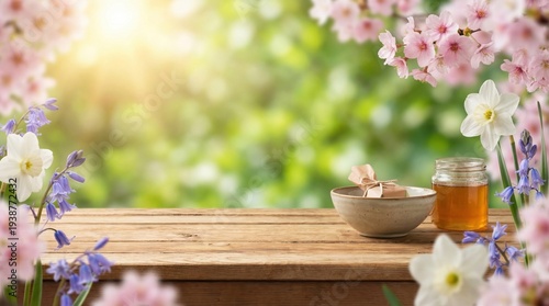 Spring Background with Rustic Wooden Table Bloomin