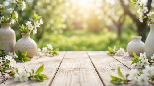 Spring Background with Rustic Wooden Table Bloomin