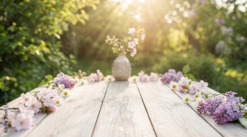 Spring Background with Rustic Wooden Table Bloomin