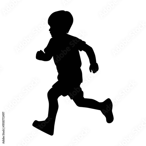 Silhouette of a Little Boy Running and Playing Outdoors Isolated on White Background