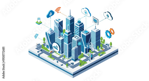 Isometric Smart City Illustration with Digital IoT Connectivity Icons and Modern Skyscrapers