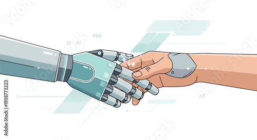 Human and Robot Handshake Illustration representing Artificial Intelligence Collaboration and Future Technology Partnership