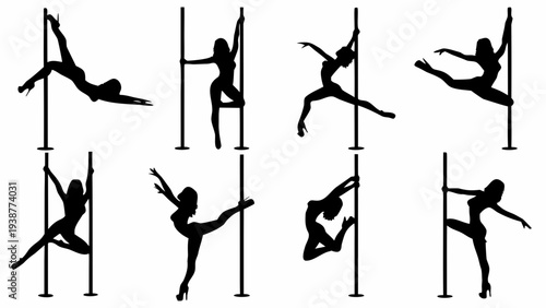 Silhouette of women performing dynamic pole dancing poses