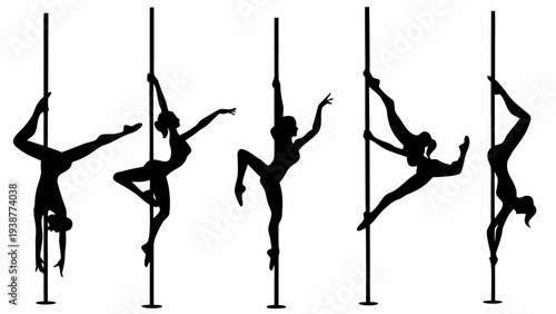 Dancers performing acrobatic pole dance moves in dynamic poses