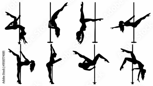 Women performing dynamic pole dance moves in various poses