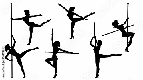 Silhouettes of women performing dynamic pole dance moves in various poses