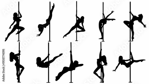 Women performing dynamic pole dance moves in various poses