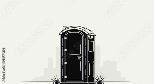 Modern portable restroom facility illustration for temporary outdoor events in an urban setting
