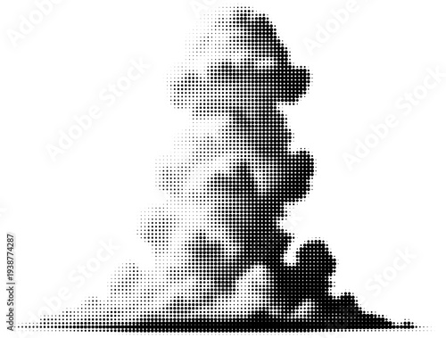 Smoke Column: A monochromatic artwork depicts a swirling cloud of smoke, its form dynamically rendered with a dot pattern, hinting at the force of energy and transformation.