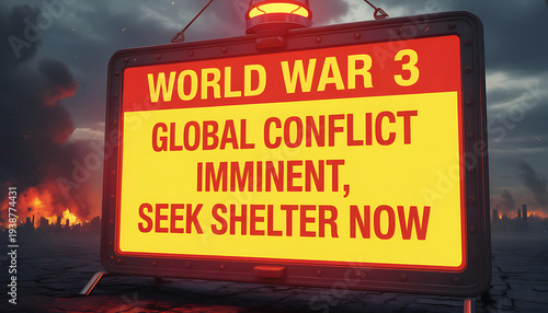  “WORLD WAR 3 GLOBAL CONFLICT IMMINENT, SEEK SHELTER NOW” with a red beacon light and a smoky, war-torn background, 32K Resolution