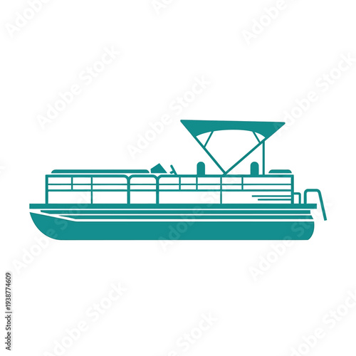 A teal pontoon boat with a canopy is depicted against a white background.