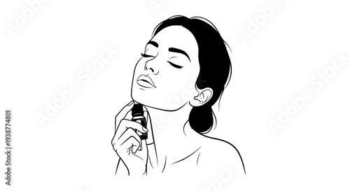 Minimalist monochrome illustration of a woman gently applying a serene personal fragrance or