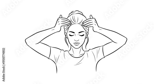 Illustrated depiction of a woman performing a focused self-care scalp massage ritual for wellness