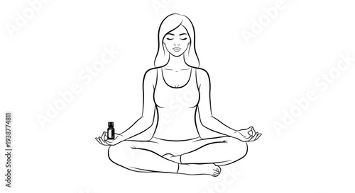 Serene outline illustration of a woman meditating with essential oil for wellness and inner calm