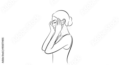 Elegant minimalist line art of a woman practicing self-care or experiencing tranquil reflection