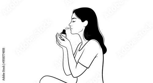 Serene woman experiencing aromatherapy with a small bottle of fragrant oil in a calm moment