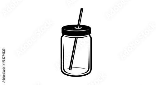 Clean vector illustration of a mason jar with a lid and straw in black and white minimalist style