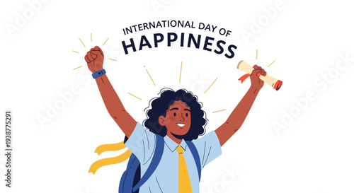 Colorful illustration of a cheerful young student celebrating International Day of Happiness with raised arms and a bright smile, conveying joy and positivity with a vibrant design.